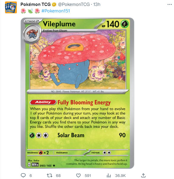 A screenshot of a Vileplume card on the official Pokemon TCG Twitter. 