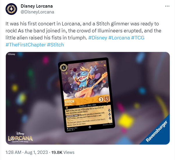Tweet showing a Stitch card reveal on Disney Lorcana's Twitter.