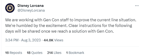 Disney Lorcana Tweet about GenCon 2023 Lines.