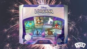 Disney100 Lorcana Product Photo Against Fireworks Background
