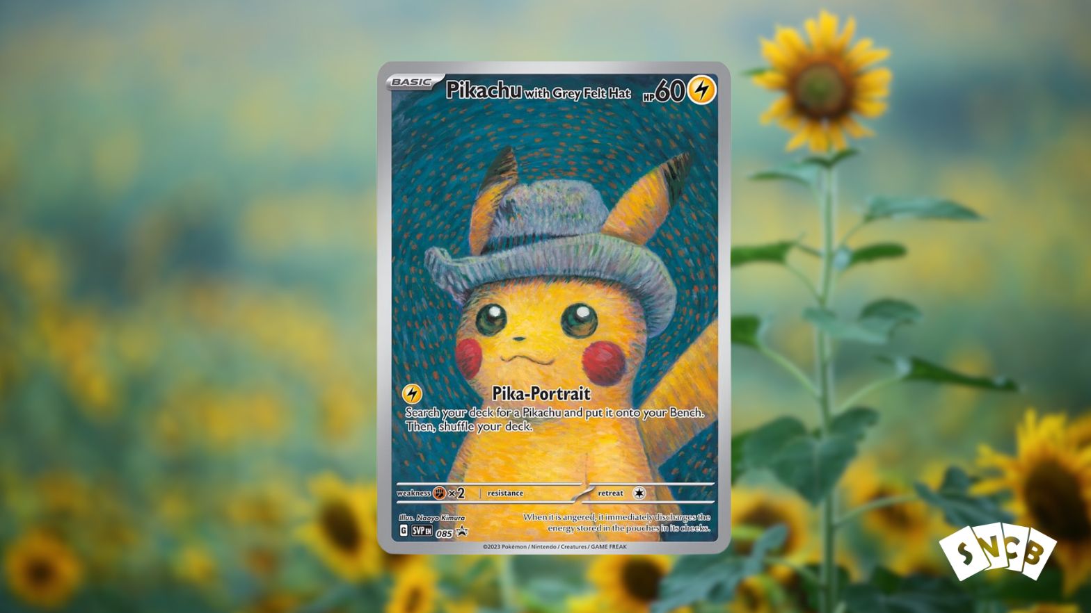 Van Gogh Pikachu Card Blurry Sunflower Background